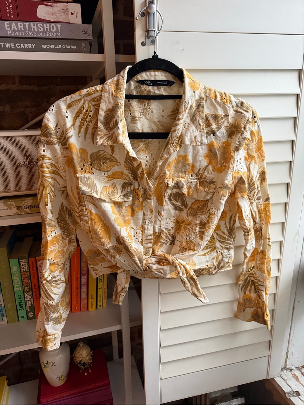 Zara White and Mustard Floral Eyelet Tie-Front Blouse